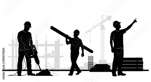 Construction Workers Silhouettes Set: Builders Using Jackhammer, Carrying Material, and Directing Team on Job Site with Crane Background.