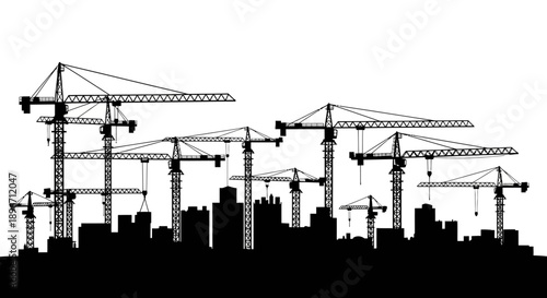 Black Silhouette Vector of Tower Cranes and City Skyline on Construction Site. Urban Development and Building Industry Concept.