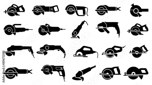 Power tool angle grinders silhouettes collection, various styles, flat vector style, vector illustration style.