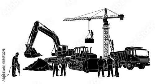Industrial Construction Site Silhouette. Heavy Equipment, Crane, Excavator, Bulldozer, Dump Truck, and Workers Team Black Vector Illustration.
