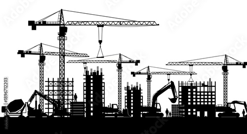 Massive Construction Site Silhouette: Industrial Skyline Development with Tower Cranes, Excavators, and Workers Vector Illustration