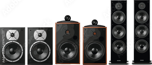 Professional home audio speaker collection featuring high fidelity bookshelf and floor standing tower loudspeakers for premium sound systems and audiophile listening isolated on white background