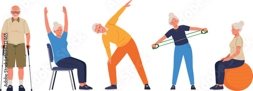 Senior men and women doing gentle fitness exercises with chair, resistance band, ball, healthy aging lifestyle, physiotherapy, active retirement illustration concept flat vector