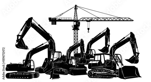 Heavy Construction Equipment Silhouette Vector Group: Excavators, Bulldozers, and Tower Crane Illustration for Industrial Design and Engineering.