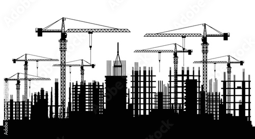 Massive Urban Construction Site Silhouette with Multiple Tower Cranes. City Development and Infrastructure Growth Vector Illustration.