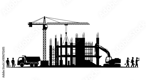 Construction Site Silhouette: Tower Crane, Building Framework, Workers, and Heavy Equipment Vector Illustration.