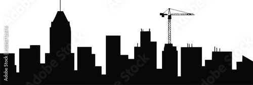 Urban city skyline silhouette with skyscrapers and construction crane, modern metropolitan architecture development concept, industrial cityscape isolated on white background