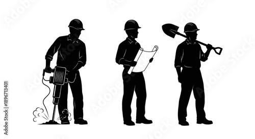 Construction Worker Silhouettes Set. Vector illustration of men with hard hats using a Jackhammer, holding Blueprints, and carrying a Shovel.