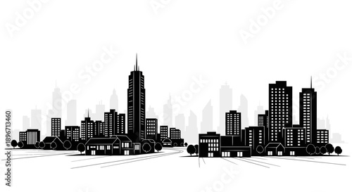 Modern City Skyline Silhouette Vector Illustration. Black and White Urban Panorama with Skyscrapers and Perspective Lines on White Background.