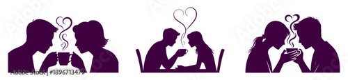 Various types of  couple silhouette sharing a cup of coffee with heart steam rising collection, romance love and companionship concept, vector illustration.