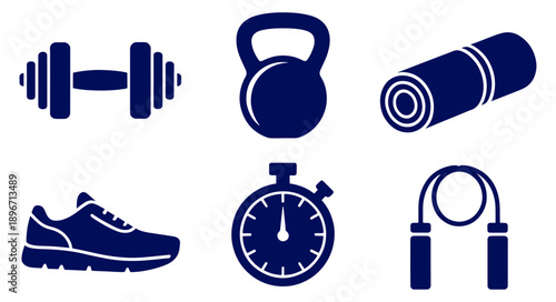 Dumbbell, kettlebell, yoga mat rolled, running shoe, stopwatch, jump rope; fitness theme, chunky silhouettes collection, fitness equipment for logo or sticker vector illustration style.