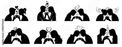 Various types of  couple silhouette sharing a cup of coffee with heart steam rising collection, romance concept, capturing the essence of everyday romance vector illustration.