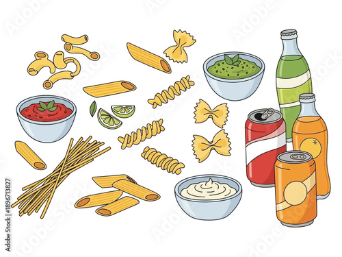 Assortment of uncooked pasta sauces and bottledcanned beverages