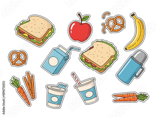 Collection of cartoon lunch items sandwiches fruit snacks and drinks