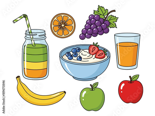 Collection of illustrated fruits juice and a bowl of cereal or yogurt