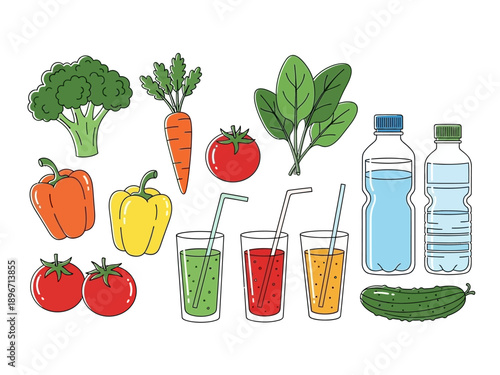 Collection of illustrated fresh vegetables fruit juices in glasses and bottled water