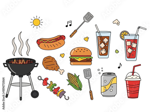 Illustration of grilling food items drinks sun and music notes