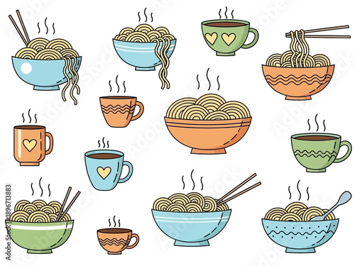 A seamless pattern featuring bowls of steaming noodles and steaming mugs of beverages