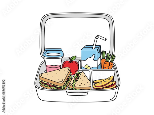 An open lunchbox filled with sandwiches fruit vegetables and a drink carton