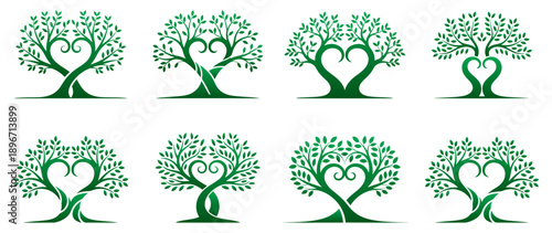 Various types of  green color Love Tree clipart collection, heart shape at the base, forming a perfect heart shape, symbolism of love and unity vector illustration style.