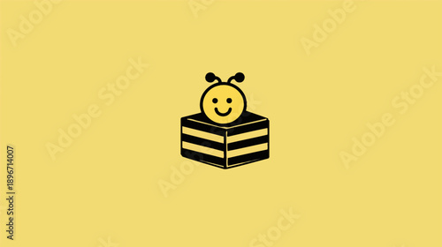 Adorable cartoon smiling bee character illustration sitting on a striped yellow box, happy insect graphic icon design