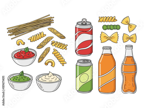 Assortment of pasta sauces and beverages in a clean white background illustration