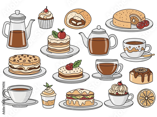 Assortment of illustrated teaware and pastries set against a white background