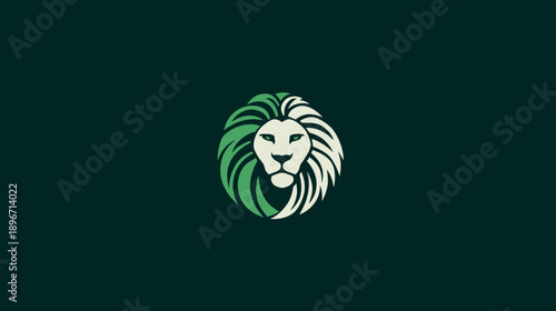 Stylized lion head logo with green and white mane, representing power, strength, and nature. Modern animal icon for branding.