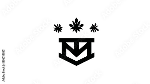Modern heraldic shield emblem with a cannabis leaf crown, elegant black and white botanical symbol graphic design