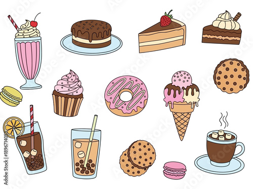 Collection of illustrated sweet treats cake donut ice cream cookies and beverages