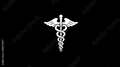 White Caduceus medical symbol on black background, representing healthcare, medicine, emergency services, and pharmacy.