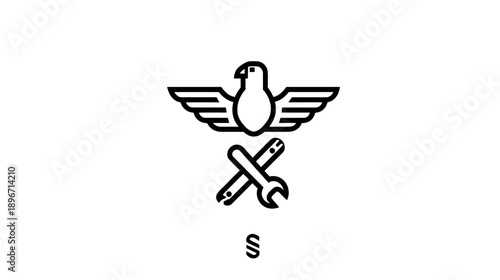 Line art icon representing law, justice, craft, labor, and industry with an eagle, crossed tools, and a paragraph symbol