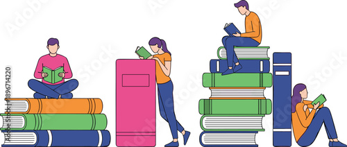Students reading books illustration with people sitting on book stacks, modern flat vector education concept for learning, study, library, knowledge growth, and academic lifestyle themes