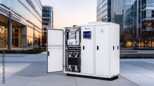 Modern white data cabinet in a sunlit urban plaza, doors open to reveal internal electrical components, gleam