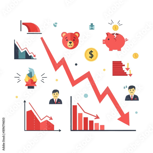 Financial Downturn Illustrated with Graphs and Icons Showing Economic Decline