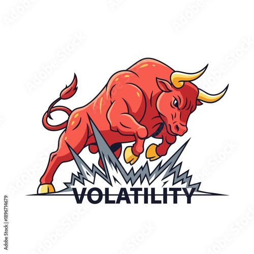 A red bull illustration symbolizing volatility in the financial market with aggressive posture and dynamic movement