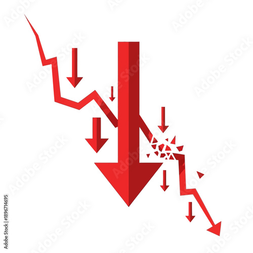 Downward trend illustration showing decline and decrease in a graphic representation with arrows and a red color scheme