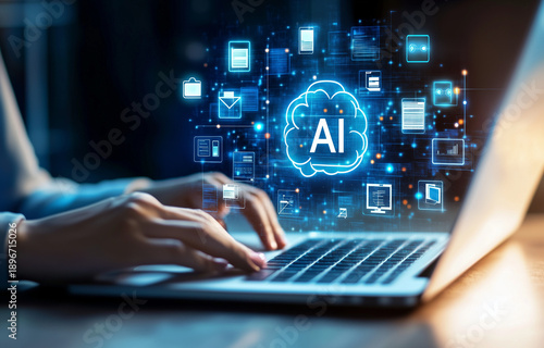 AI agent analyzing data and generating reports. Artificial intelligence and intelligent automation IA technology. Businessman using laptop computer to give instructions to AI at desk in office
