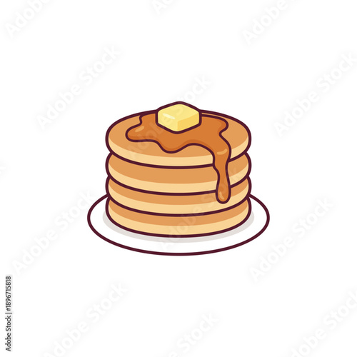 Delicious golden pancakes stacked high, generously topped with melting butter and a rich maple syrup drizzle, perfect for a sweet breakfast or brunch illustration