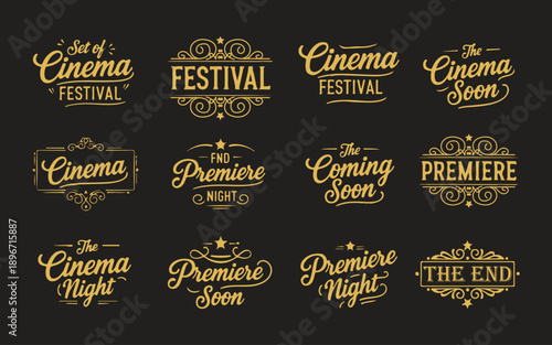 Set of Golden Cinema Typography Elements with Elegant Vintage Script for Movie Festival Premiere Night and Coming Soon Announcement Posters
