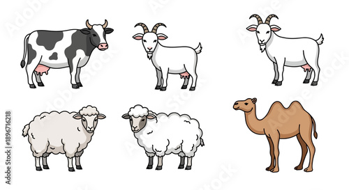 Cow Goat Sheep Camel Farm Animals Illustration 1.
