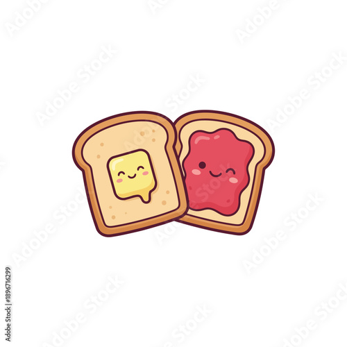 Cute cartoon illustration of two happy toast slices, one with a smiling butter pat and the other with sweet red jam, perfect for a cheerful breakfast or comforting snack