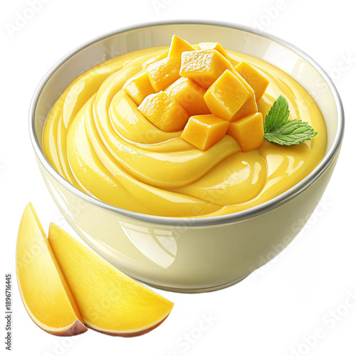 Delicious mango pudding in a bowl with silky bright yellow texture