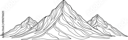 Minimalist line art illustration of a majestic mountain range, symbolizing adventure, nature, and elevation