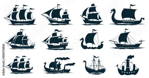 Ships silhouette collection, nautical and historical themes with variations in sail arrangements, hull shapes, flags, classic steamship with a tall smokestack for logos, posters, or nautical-themed.