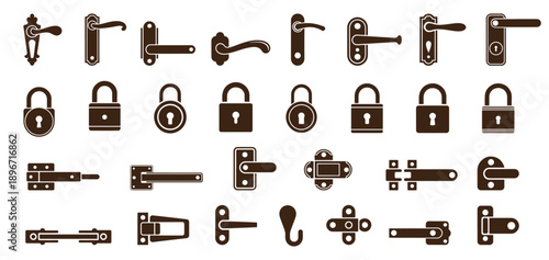Hardware silhouettes including door handle, cabinet knob, hinge, latch, lock cylinder, hook, black silhouette collection, various hardware components  vector art.