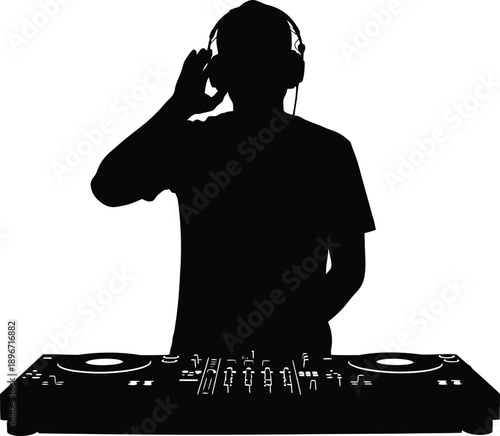 Vector illustration of a fashion woman person silhouette as a DJ in action wearing headphones with a black shadow body