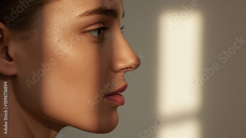 Close-up of woman's face with sunlight on her cheek