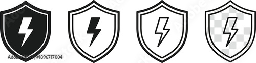 Set of four shield icons with a lightning bolt symbol representing energy, power, and protection against electrical hazards
