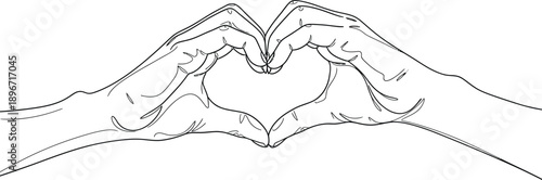 Outline illustration of two human hands forming a heart gesture, symbolizing love, care, and compassion, expressing unity and kindness for various design projects